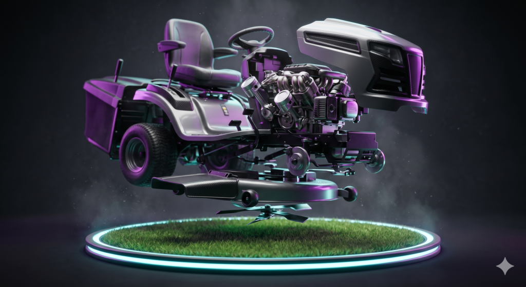 Visão explodida em 3D de um trator de grama moderno flutuando sobre um pedestal iluminado. A imagem destaca as peças internas de engenharia, componentes do motor, texturas metálicas em fibra de carbono e lâminas de corte com iluminação roxa e ciano.