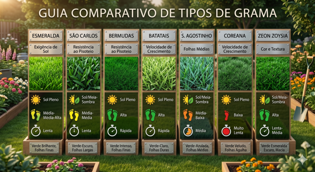 Infográfico em formato de painel de madeira em um jardim, comparando 7 tipos de grama (Esmeralda, São Carlos, Bermudas, Batatais, Santo Agostinho, Coreana e Zeon Zoysia). O quadro mostra imagens reais das folhas e usa ícones para indicar a exigência de sol, resistência ao pisoteio e velocidade de crescimento de cada espécie.