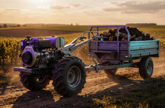 Motocultivador robusto tracionando uma carretinha agrícola de metal cheia de terra e lenha por uma estrada de terra num sítio ao pôr do sol.