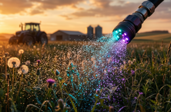 Pulverizador agrícola a aplicar herbicida sobre ervas daninhas num terreno durante o pôr do sol, ilustrando o combate ao mato alto.