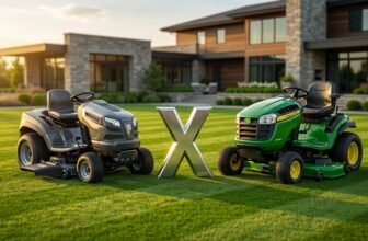 Dois tratores cortadores de grama lado a lado em um gramado verde com um X no centro, ilustrando um comparativo dos melhores modelos para chácaras em 2026.