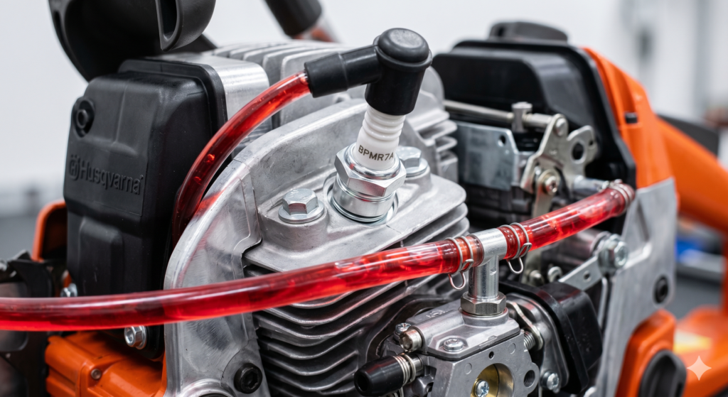 Detalhe de um motor 2 tempos e das linhas de combustível com mistura de óleo.