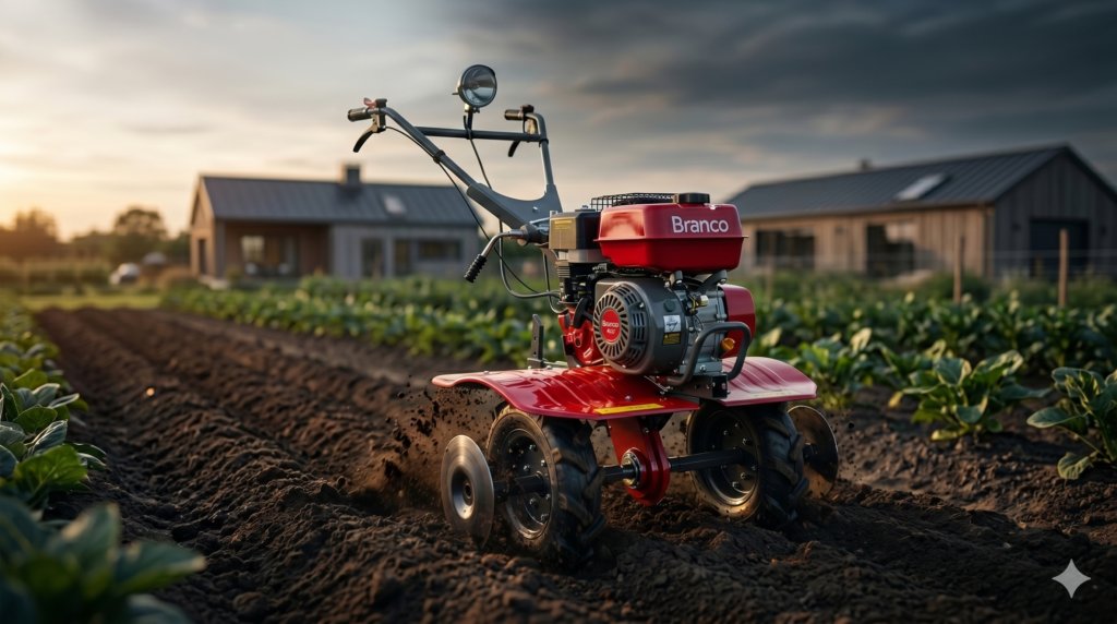 Motocultivador Branco Tratorito BTTG-7.5 a gasolina revolvendo a terra de uma horta no campo. Imagem realista do equipamento vermelho operando no preparo de solo agrícola durante o pôr do sol.