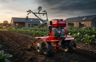 Motocultivador Branco Tratorito BTTG-7.5 a gasolina revolvendo a terra de uma horta no campo. Imagem realista do equipamento vermelho operando no preparo de solo agrícola durante o pôr do sol.