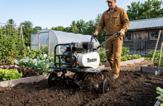 Homem operando um Motocultivador Toyama Toyamito TT90R-XP para arar a terra escura em uma horta. Ao fundo, canteiros verdes, uma estufa agrícola e um galpão rústico de madeira.
