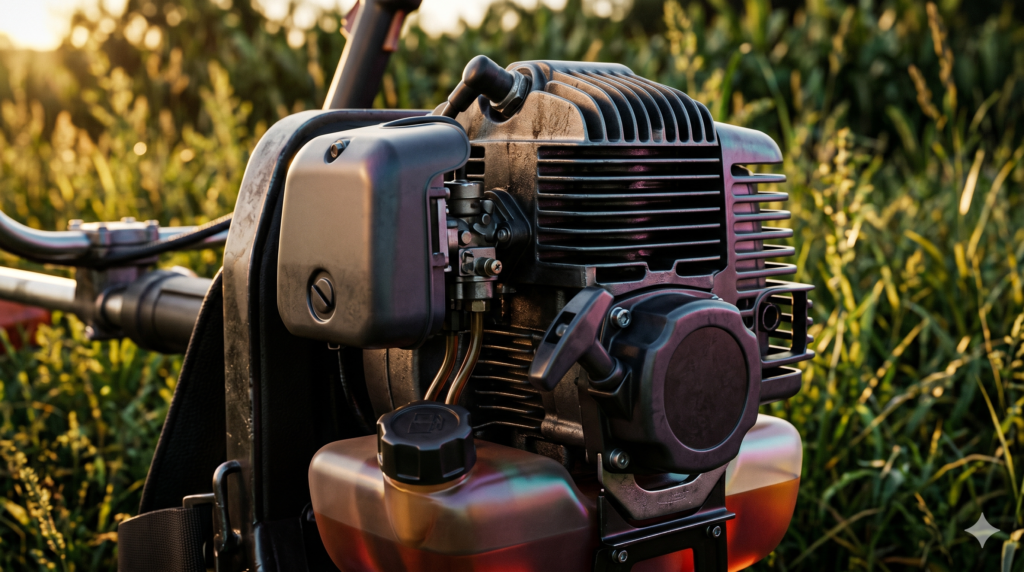 Detalhe em macro do motor 2 tempos prateado e tanque de combustível de uma roçadeira agrícola de alta potência.
