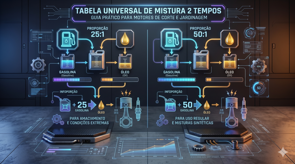 Infográfico técnico em fundo escuro mostrando as proporções exatas de mistura de combustível 25:1 e 50:1 (gasolina e óleo) para motores 2 tempos.