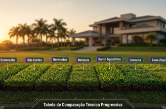 Tabela visual comparativa de sete tipos de grama para jardim (Esmeralda, São Carlos, Bermudas) em uma chácara de luxo durante o pôr do sol, com diagramas técnicos